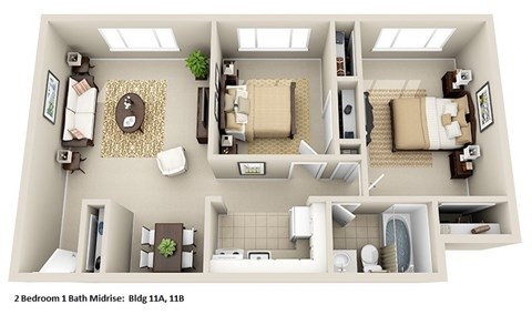 a 3d floor plan of a house with a bedroom and a living room at Huntington Green Apartments, University Heights, 44118